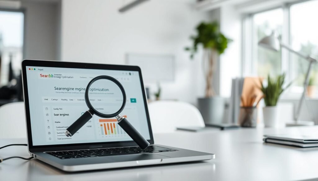 A serene, well-lit office scene with a laptop displaying a search engine optimization dashboard. In the foreground, a stylized magnifying glass icon hovers over the laptop screen, symbolizing the process of optimizing search engine mechanisms. The middle ground features a clean, minimalist desk with a neatly organized array of office supplies. The background showcases a modern, airy workspace with large windows allowing natural light to flood the scene, creating a calming, productive atmosphere. The lighting is soft and diffused, enhancing the sense of focus and clarity. The overall composition conveys the idea of optimizing search engine strategies in a professional, efficient manner.