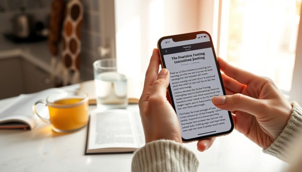 A tranquil, minimalist kitchen counter with a steaming mug of herbal tea, accompanied by a clean glass of water and an open journal. Soft, natural lighting filters through a nearby window, casting a warm, calming glow over the scene. In the foreground, a pair of hands delicately hold a smartphone, scrolling through an informative article on the benefits and techniques of intermittent fasting. The composition exudes a sense of focus, simplicity, and wellness, perfectly capturing the serene essence of starting an intermittent fasting journey.