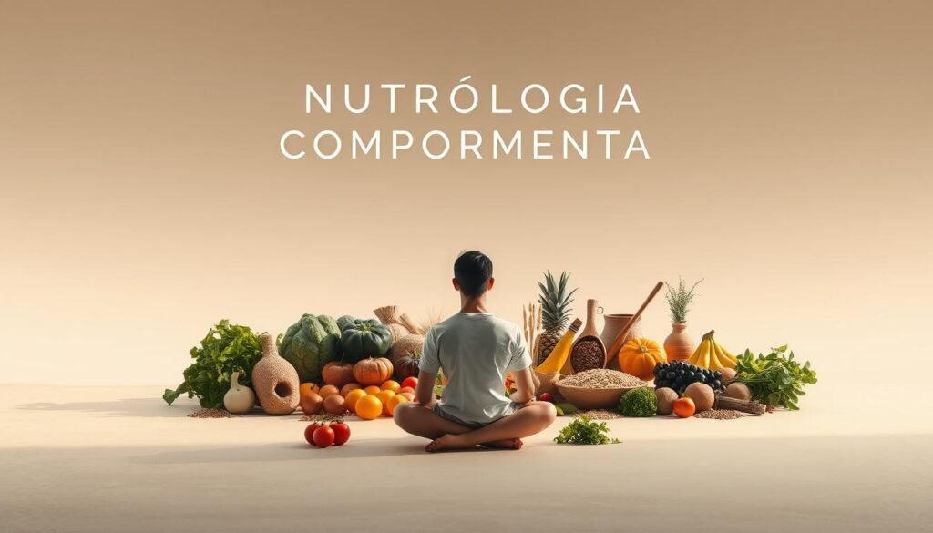 A tranquil, minimalist scene depicting the concept of "Nutrologia Comportamental". In the foreground, a serene, contemplative figure sits cross-legged in a meditative pose, surrounded by a soft, natural light. In the middle ground, an array of whole, unprocessed foods - fresh fruits, vegetables, grains, and herbs - are artfully arranged, symbolizing the holistic, back-to-nature approach of this specialized field of nutritional science. The background features a soothing, earthy palette, with subtle textures and gradients evoking a sense of balance, harmony, and the interconnectedness of mind, body, and environment. The overall mood is one of tranquility, mindfulness, and a reverence for the natural world.