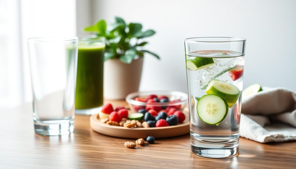 A tranquil still life showcasing the essentials for maintaining hydration during intermittent fasting. In the foreground, a sleek glass of crystal clear water rests on a wooden table, reflecting the soft natural light. Beside it, a vibrant green smoothie with fresh fruits and vegetables swirls invitingly. In the middle ground, an array of hydrating snacks such as cucumber slices, berries, and nuts are neatly arranged, while in the background, a minimalist potted plant adds a soothing, natural ambiance. The overall mood is one of balance, nourishment, and mindful self-care during the fasting period.