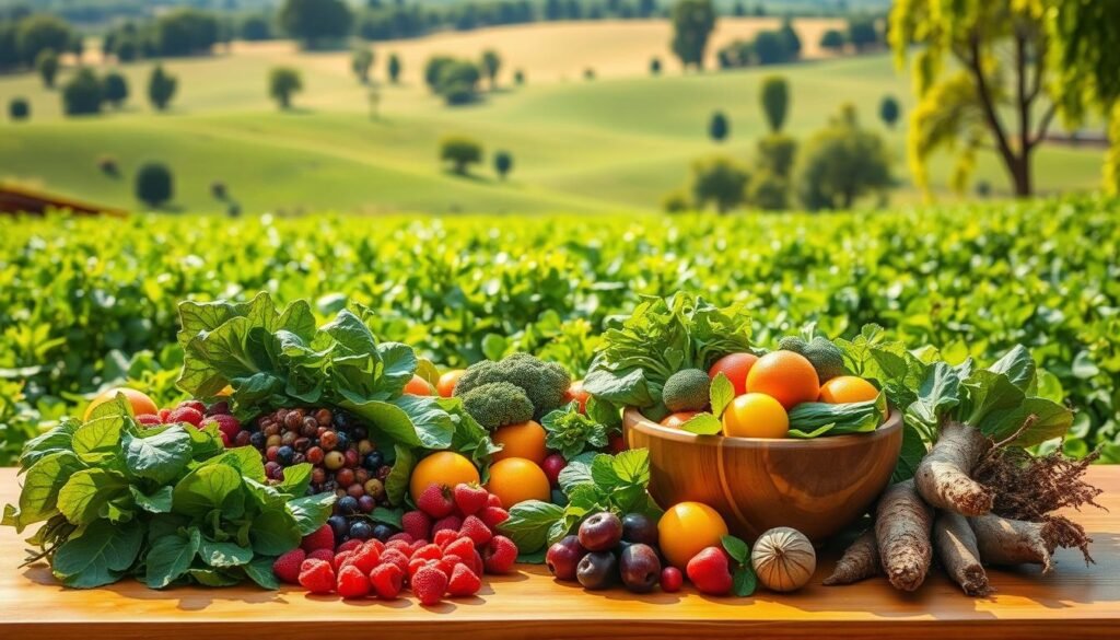 A tranquil, sun-dappled field of vibrant, lush greenery. In the foreground, an abundant display of fresh, wholesome produce: crisp leafy greens, plump berries, juicy citrus fruits, and earthy roots. The middle ground features a warm, golden-hued wooden table, upon which rests a wooden bowl filled with a colorful array of natural, unprocessed nutrients. Soft, diffused lighting bathes the scene, creating a serene, welcoming atmosphere. The background is a panoramic vista of rolling hills, dotted with healthy, thriving trees. An image that radiates the vitality and purity of nature's gifts, conveying the innate benefits of consuming minimally processed, nutrient-dense whole foods.