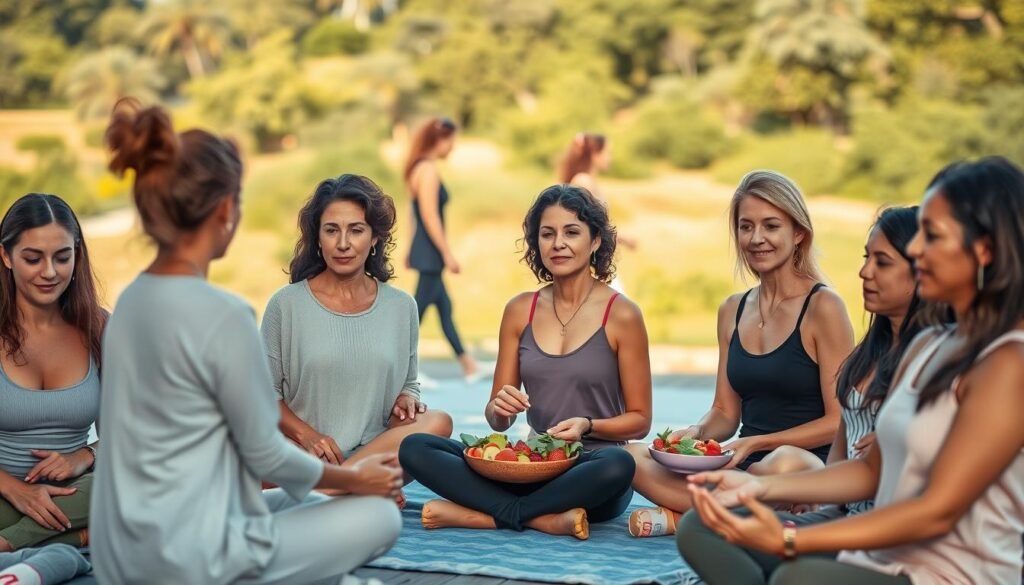 A tranquil, well-lit scene depicting women of diverse ages and ethnicities engaged in the practice of intermittent fasting. In the foreground, a group of women sit cross-legged, their expressions serene and focused, as they partake in a nutritious, plant-based meal. In the middle ground, others stand or walk, their bodies conveying a sense of renewed energy and vitality. In the background, a serene landscape with lush greenery and a calming, natural light, creating an atmosphere of balance and harmony. The overall mood is one of inner peace, empowerment, and a deep connection to the rhythms of the body.