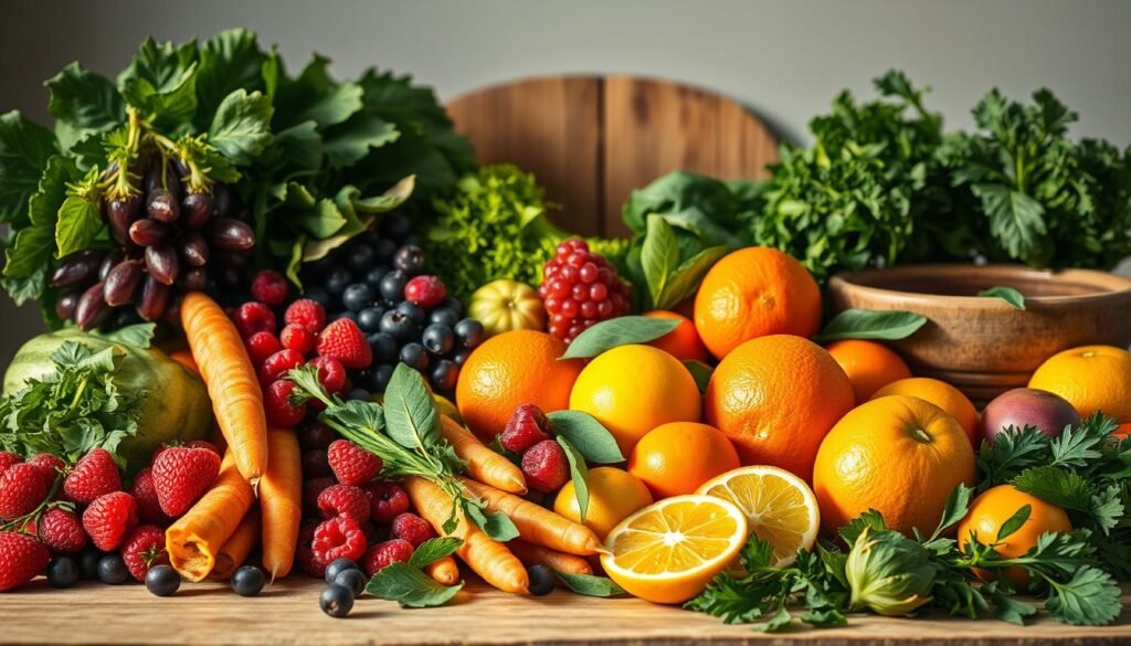 A vibrant and serene still life showcasing the bountiful benefits of natural, unprocessed foods. In the foreground, a lush array of freshly harvested fruits and vegetables, their colors and textures radiating vitality. Leafy greens, ripe berries, crisp carrots, and juicy citrus fruits are arranged artfully, casting gentle shadows. In the middle ground, a wooden cutting board and a rustic ceramic bowl, suggesting the preparation and enjoyment of these wholesome ingredients. The background is softly blurred, allowing the natural bounty to take center stage, illuminated by warm, natural lighting that accentuates the inherent goodness of these nourishing foods.