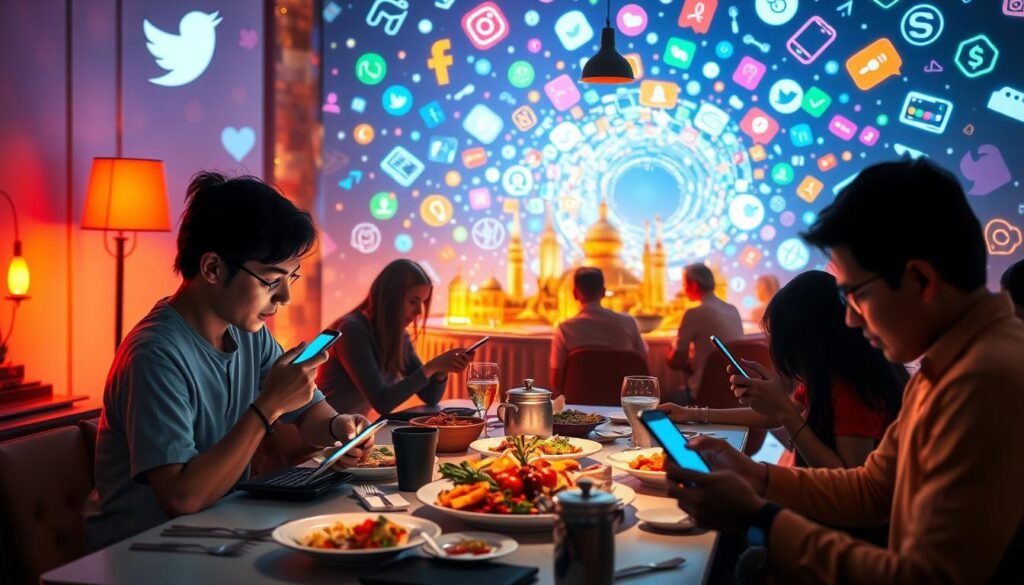 A vibrant, digital landscape depicting the influence of social media on eating habits. In the foreground, a group of people engrossed in their smartphones, their meals seemingly forgotten as they scroll through visually appealing food posts. The middle ground showcases a table overflowing with aesthetically-styled dishes, surrounded by carefully curated props and lighting, creating an idealized, Instagram-worthy scene. In the background, a swirling vortex of digital icons, hashtags, and social media logos, symbolizing the pervasive presence of these platforms in shaping modern food consumption and behaviors. Soft, diffused lighting casts a warm, almost hypnotic glow over the entire composition, conveying the addictive and influential nature of social media's impact on eating habits.