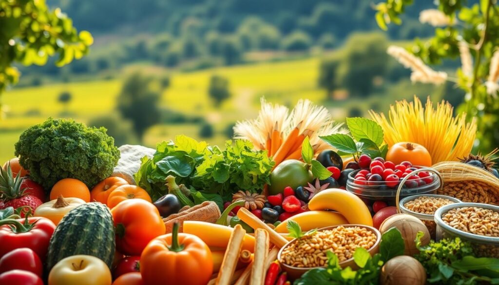 A vibrant, high-definition photograph showcasing the diverse benefits of natural foods. In the foreground, a bountiful arrangement of fresh, organic produce - fruits, vegetables, and whole grains - bathed in warm, natural lighting. The middle ground features nutrient-dense superfoods like leafy greens, nuts, and berries, while the background depicts a lush, verdant landscape, conveying a sense of harmony and vitality. The image radiates a sense of abundance, wellness, and the inherent goodness of unprocessed, wholesome nourishment.