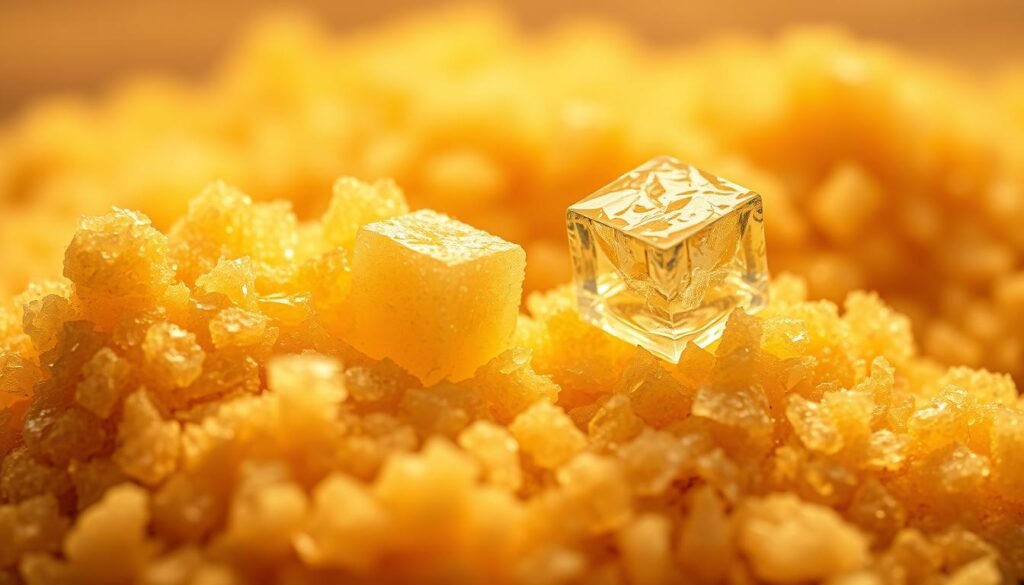 A vibrant, hyper-realistic close-up of a pile of raw, unrefined cane sugar crystals, their golden hues glinting under warm, soft lighting. In the foreground, the sugar's granular texture is highlighted, conveying a sense of tactile allure. In the middle ground, a few sugar cubes stand upright, their sides reflecting the light, evoking a feeling of energy and focus. The background fades into a dreamy, hazy blur, emphasizing the subject's central importance. The overall mood is one of motivation, temptation, and the power of natural sweetness to fuel the mind and body.