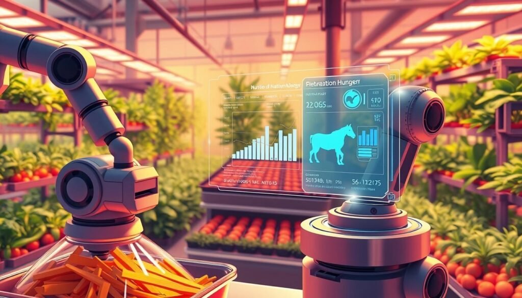 A vibrant, hyper-realistic digital illustration depicting cutting-edge technologies being utilized in the management and alleviation of hunger. In the foreground, a stylized robotic arm carefully measures and dispenses precise nutrient-dense portions of food. In the middle ground, a holographic interface displays real-time data analytics and predictive modeling for optimizing food distribution networks. In the background, an array of vertical farming rigs, hydroponics systems, and automated crop monitoring sensors create a futuristic, sustainable landscape. The scene is illuminated by a warm, diffused lighting that emphasizes the advanced, yet elegant nature of these technological solutions to the global hunger crisis.