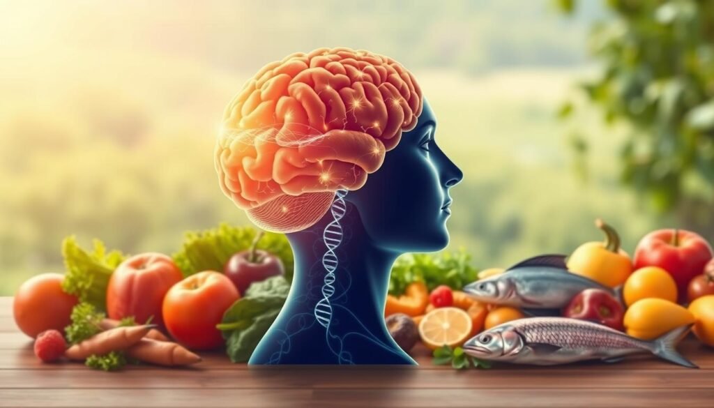 A vibrant illustration of the intersection between nutrigenomics and mental health. In the foreground, a human brain in profile, glowing with neural activity, surrounded by a molecular blueprint of DNA strands. In the middle ground, fresh, whole foods - leafy greens, vibrant fruits, and omega-rich fish - arranged in a harmonious composition. The background features a soft, blurred landscape of lush greenery, hinting at the natural world's restorative influence. Warm, golden lighting casts a soothing, contemplative atmosphere, conveying the idea of holistic wellbeing through the lens of nutrigenomics. A vibrant illustration of the intersection between nutrigenomics and mental health. In the foreground, a human brain in profile, glowing with neural activity, surrounded by a molecular blueprint of DNA strands. In the middle ground, fresh, whole foods - leafy greens, vibrant fruits, and omega-rich fish - arranged in a harmonious composition. The background features a soft, blurred landscape of lush greenery, hinting at the natural world's restorative influence. Warm, golden lighting casts a soothing, contemplative atmosphere, conveying the idea of holistic wellbeing through the lens of nutrigenomics.