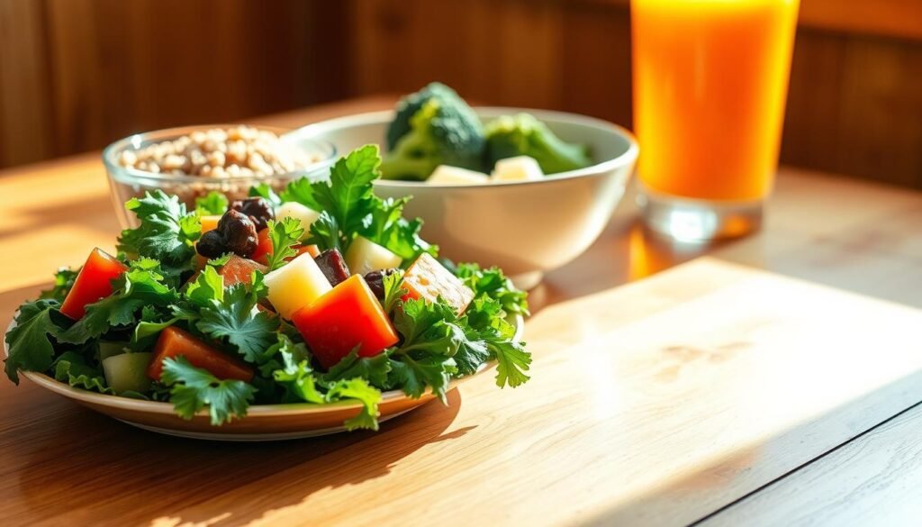 A vibrant, nutritious meal arranged on a wooden table, bathed in warm, natural lighting. In the foreground, a hearty salad overflows with fresh greens, colorful vegetables, and a drizzle of olive oil. Behind it, a bowl of whole grains, quinoa perhaps, nestled among steamed broccoli florets. In the background, a glass of freshly squeezed fruit juice reflects the light, complementing the overall healthy, balanced aesthetic. The scene conveys a sense of mindful, nourishing consumption, hinting at the transformative power of behavioral nutrition to reshape the brain for optimal well-being. A vibrant, nutritious meal arranged on a wooden table, bathed in warm, natural lighting. In the foreground, a hearty salad overflows with fresh greens, colorful vegetables, and a drizzle of olive oil. Behind it, a bowl of whole grains, quinoa perhaps, nestled among steamed broccoli florets. In the background, a glass of freshly squeezed fruit juice reflects the light, complementing the overall healthy, balanced aesthetic. The scene conveys a sense of mindful, nourishing consumption, hinting at the transformative power of behavioral nutrition to reshape the brain for optimal well-being.
