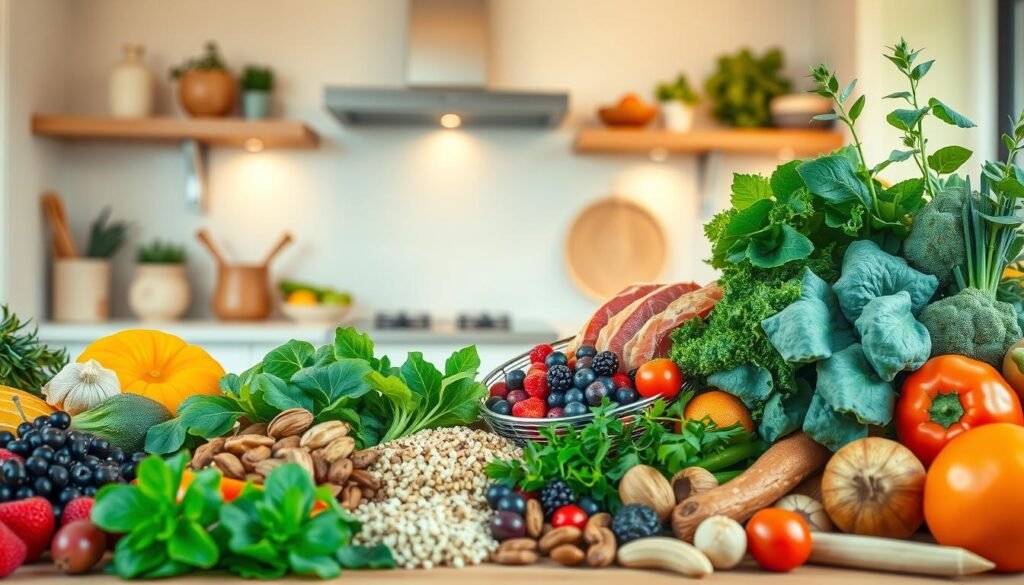 A vibrant, photorealistic illustration of various nutrient-rich foods that affect hunger and appetite. In the foreground, a diverse array of fresh produce including leafy greens, berries, nuts, and whole grains. In the middle ground, a selection of healthy protein sources like lean meats, fish, and legumes. In the background, a minimalist, softly-lit kitchen setting, conveying a sense of nourishment and wellness. The lighting is warm and natural, highlighting the vivid colors and textures of the foods. The composition is balanced and visually appealing, drawing the viewer's attention to the key nutrients that can influence feelings of hunger and satiety.