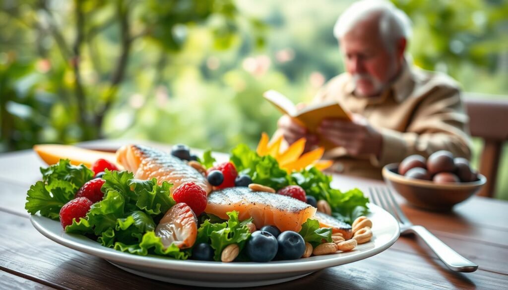 A vibrant, photorealistic image of a nourishing meal focused on cognitive health. In the foreground, a plate showcases a balanced arrangement of brain-boosting foods - leafy greens, colorful berries, fatty fish, and nuts. The midground features a scene of an elderly person engaged in an intellectually stimulating activity, such as reading or playing a strategic game. The background depicts a serene, natural setting with lush greenery and soft, diffused lighting, conveying a sense of tranquility and mental well-being. The overall scene emphasizes the pivotal role of a nutrient-rich diet in preserving cognitive function and preventing age-related neurological decline.
