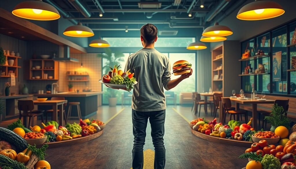 A vibrant, photorealistic scene depicting the transformation of eating habits. In the foreground, a person standing at a crossroads, holding a plate of fresh, colorful produce in one hand and a fast food burger in the other, symbolizing the choice between healthier and less nutritious options. The middle ground showcases a dynamic mix of traditional and modern dining settings - a cozy, rustic kitchen contrasted with a sleek, minimalist restaurant. In the background, a kaleidoscope of diverse food groups and dietary choices, from organic fruits and vegetables to processed snacks, conveying the complexity of the changing landscape of nutrition. Warm, soft lighting illuminates the scene, creating an introspective, thoughtful atmosphere. The overall composition emphasizes the pivotal moment of decision-making in the journey towards healthier eating habits.