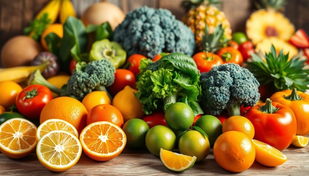 A vibrant still life featuring a variety of fresh, colorful fruits and vegetables high in vitamin C. Displayed on a rustic wooden table, the produce is illuminated by warm, soft lighting, casting gentle shadows. In the foreground, an arrangement of citrus fruits such as oranges, lemons, and limes, their glossy skins gleaming. In the middle ground, leafy greens like kiwi, bell peppers, and broccoli florets, their textures and hues creating visual interest. The background features additional vitamin C-rich foods like tomatoes, strawberries, and pineapple slices, creating a bountiful, appetizing scene. The overall composition evokes a sense of health, wellness, and the nourishing power of natural, whole foods.