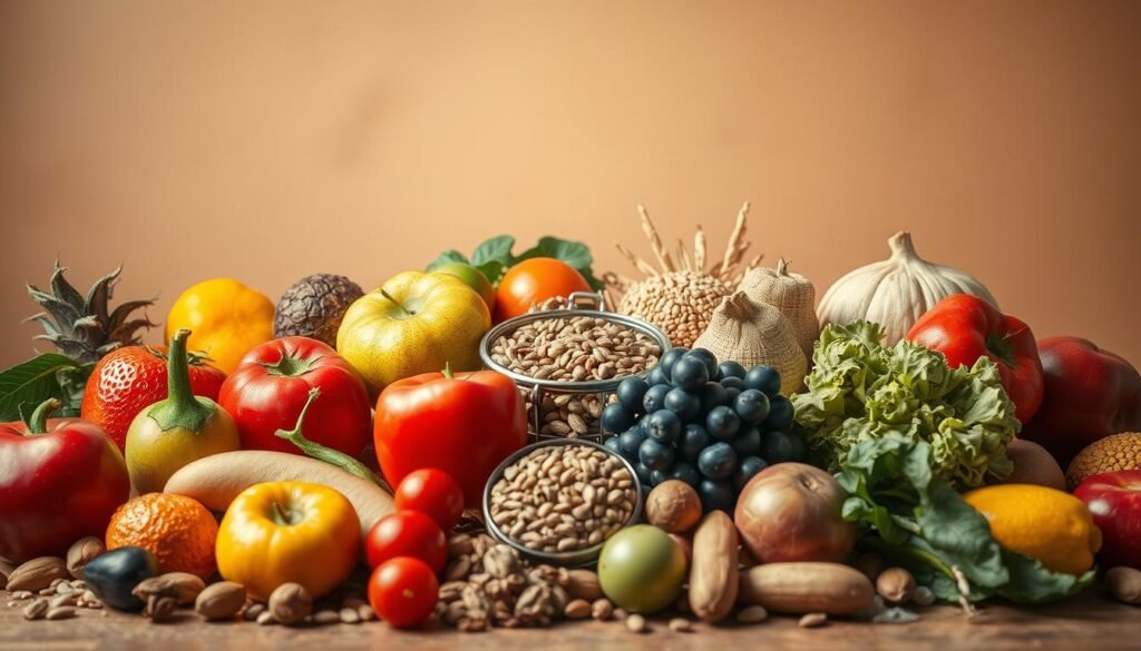 A vibrant still life scene showcasing an assortment of natural, unprocessed foods. In the foreground, a variety of fresh fruits and vegetables are arranged artfully, their vibrant colors and organic shapes creating a visually striking composition. The middle ground features whole grains, nuts, and seeds, while the background is a warm, earthy tone that enhances the natural, wholesome ambiance. Soft, diffused lighting casts a gentle glow, highlighting the textural details and emphasizing the inherent beauty of these whole, nutrient-dense ingredients. The overall mood is one of simplicity, purity, and a celebration of the fundamental building blocks of a healthy, balanced diet.