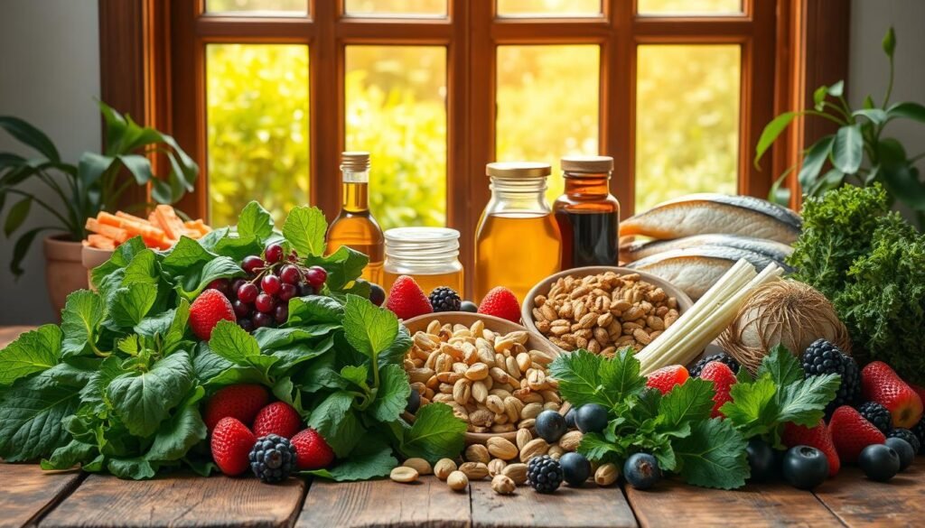 A vibrant still life showcasing a variety of brain-boosting foods. In the foreground, an array of fresh leafy greens, vibrant berries, and crunchy nuts are neatly arranged on a rustic wooden table. In the middle ground, jars of honey, olive oil, and omega-rich fish fillets add depth and texture. The background features a window overlooking a lush, verdant garden, bathed in warm, natural lighting that casts a soft, inviting glow over the scene. The overall mood is one of nourishment, vitality, and the harmonious connection between food and mental well-being.
