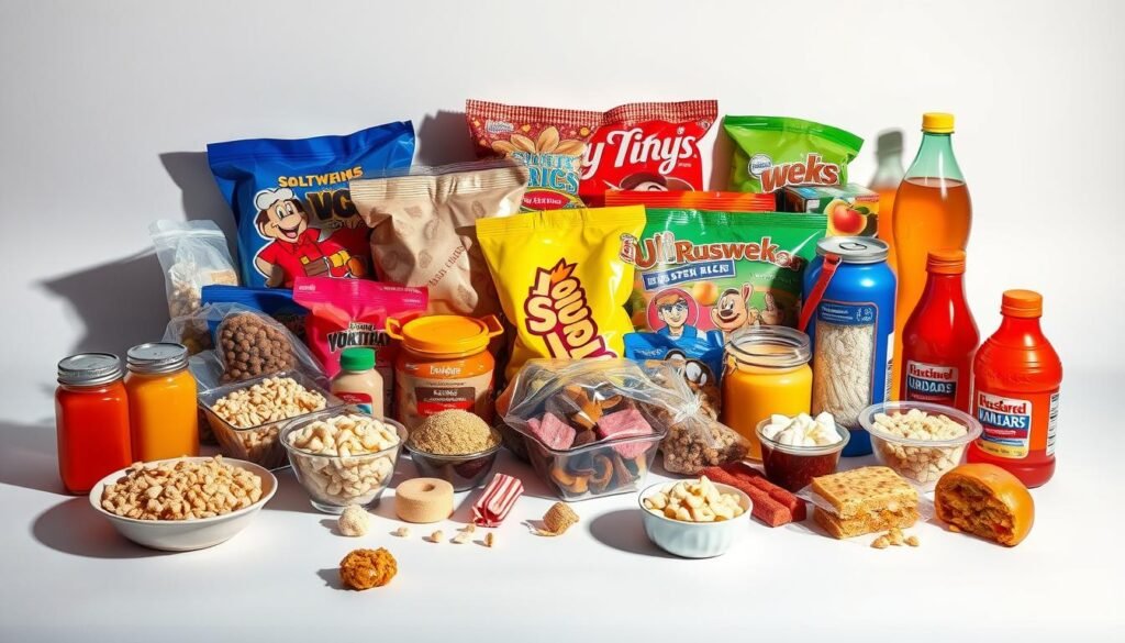 A vibrant still life showcasing an array of highly processed, industrially manufactured food items, including sugary cereals, salty snacks, pre-packaged desserts, and brightly colored beverages. The items are arranged on a plain surface, casting shadows that suggest harsh, direct lighting. The colors are oversaturated, creating an artificial, unnatural aesthetic. The overall composition conveys a sense of excess, indulgence, and the disconnect between these products and whole, natural foods. The scene evokes a cautionary message about the health risks associated with a diet heavy in ultra-processed foods.