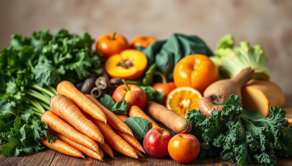 A vibrant still life showcasing an array of natural vitamin A-rich foods. In the foreground, a selection of colorful vegetables such as carrots, sweet potatoes, and leafy greens like spinach and kale, artfully arranged on a rustic wooden table. In the middle ground, ripe mango slices, orange segments, and a few juicy apricots add pops of warm hues. The background features a neutral, slightly blurred backdrop, allowing the produce to take center stage. The lighting is soft and diffused, casting gentle shadows and highlighting the natural textures and vibrant colors of the ingredients. The overall scene conveys a sense of health, nutrition, and the bounty of nature's vitamin A-packed offerings. A vibrant still life showcasing an array of natural vitamin A-rich foods. In the foreground, a selection of colorful vegetables such as carrots, sweet potatoes, and leafy greens like spinach and kale, artfully arranged on a rustic wooden table. In the middle ground, ripe mango slices, orange segments, and a few juicy apricots add pops of warm hues. The background features a neutral, slightly blurred backdrop, allowing the produce to take center stage. The lighting is soft and diffused, casting gentle shadows and highlighting the natural textures and vibrant colors of the ingredients. The overall scene conveys a sense of health, nutrition, and the bounty of nature's vitamin A-packed offerings.