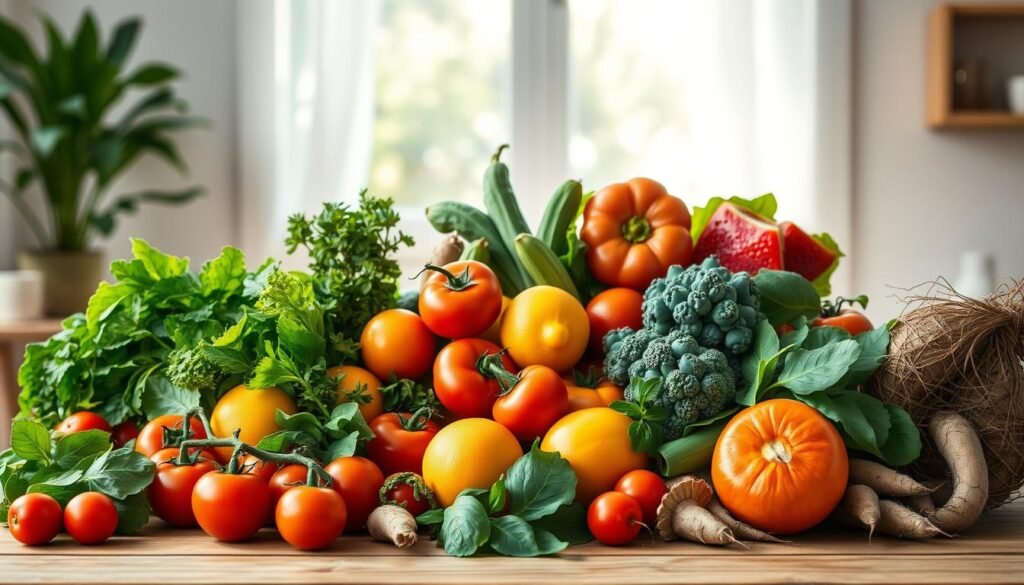 A vibrant still life showcasing the connection between longevity and wholesome, natural foods. In the foreground, a bountiful array of fresh produce - ripe tomatoes, leafy greens, juicy citrus, and earthy roots. Sunlight filters through a window, casting a warm glow and gentle shadows. In the middle ground, a wooden table with a simple, rustic charm. The background features a clean, minimalist interior, allowing the nutritious ingredients to take center stage. The overall composition exudes a sense of vitality, health, and the timeless relationship between nourishing food and a long, fulfilling life.