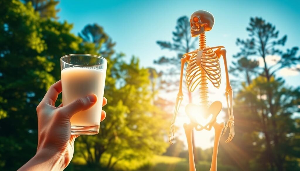 A vibrant, sun-dappled scene depicting the synergistic relationship between vitamin D and bone health. In the foreground, a hand holds a glass of milk, symbolizing a dietary source of vitamin D. The middle ground features a skeletal structure, with glowing bones illuminated by warm, natural lighting, conveying the mineral-strengthening benefits of this essential nutrient. In the background, a lush, verdant landscape with towering trees and a clear blue sky, evoking the outdoors and the sun's role in vitamin D synthesis. The overall composition reflects the holistic, wellness-focused theme of the article section, "Vitamin D and Bone Health." A vibrant, sun-dappled scene depicting the synergistic relationship between vitamin D and bone health. In the foreground, a hand holds a glass of milk, symbolizing a dietary source of vitamin D. The middle ground features a skeletal structure, with glowing bones illuminated by warm, natural lighting, conveying the mineral-strengthening benefits of this essential nutrient. In the background, a lush, verdant landscape with towering trees and a clear blue sky, evoking the outdoors and the sun's role in vitamin D synthesis. The overall composition reflects the holistic, wellness-focused theme of the article section, "Vitamin D and Bone Health."