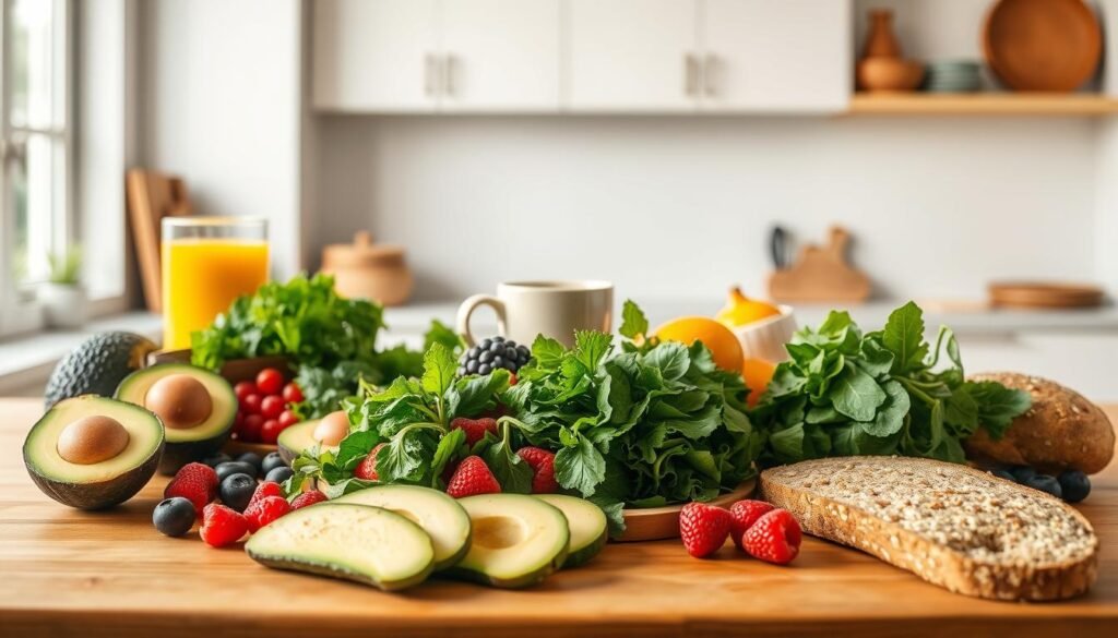 A visually appealing and nutritious healthy breakfast spread, set against a warm, inviting kitchen backdrop. In the foreground, a wooden table displays an array of fresh produce - ripe avocados, crisp greens, juicy berries, and whole grain bread. Soft, natural lighting filters through a nearby window, casting a gentle glow across the scene. In the middle ground, a ceramic mug of steaming coffee sits alongside a glass of freshly squeezed orange juice. The background features clean, minimalist cabinetry and soothing earth-toned accents, creating a calming, harmonious atmosphere. The overall composition conveys a sense of balance, vitality, and the importance of starting the day with a nourishing meal.