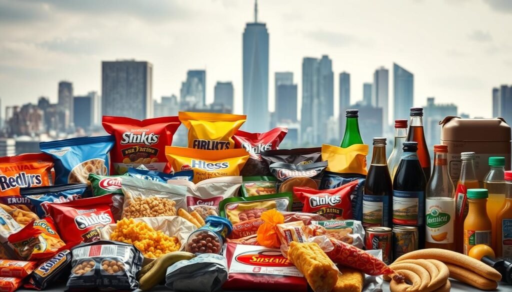 A visually arresting still life showcasing a variety of highly processed food products. Placed prominently in the foreground, an assortment of brightly colored, highly processed snacks, cereals, and packaged baked goods fills the frame. The middle ground features more examples of heavily processed convenience foods, including frozen meals, canned goods, and bottled beverages. In the background, a blurred cityscape of towering skyscrapers suggests an urban, industrialized setting. Harsh, artificial lighting casts sharp shadows, creating a cold, clinical atmosphere that emphasizes the highly engineered, non-natural nature of the displayed items. The overall composition draws the viewer's attention to the sheer abundance and omnipresence of processed foods in the modern diet. A visually arresting still life showcasing a variety of highly processed food products. Placed prominently in the foreground, an assortment of brightly colored, highly processed snacks, cereals, and packaged baked goods fills the frame. The middle ground features more examples of heavily processed convenience foods, including frozen meals, canned goods, and bottled beverages. In the background, a blurred cityscape of towering skyscrapers suggests an urban, industrialized setting. Harsh, artificial lighting casts sharp shadows, creating a cold, clinical atmosphere that emphasizes the highly engineered, non-natural nature of the displayed items. The overall composition draws the viewer's attention to the sheer abundance and omnipresence of processed foods in the modern diet.