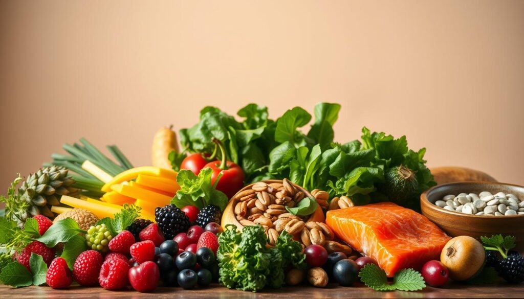 A visually-striking still life scene depicting a selection of vibrant, nutrient-dense whole foods essential for brain health. In the foreground, an array of fresh leafy greens, crisp vegetables, and juicy berries arranged with care. In the middle ground, a variety of nuts, seeds, and fatty fish like salmon, all known for their cognitive-boosting properties. The background features a clean, minimalist backdrop, allowing the natural colors and textures of the foods to take center stage. Warm, directional lighting casts soft shadows, emphasizing the shapes and forms of the ingredients. The overall mood is one of simplicity, health, and vitality - a visually appetizing representation of "neuroalimentação saudável". A visually-striking still life scene depicting a selection of vibrant, nutrient-dense whole foods essential for brain health. In the foreground, an array of fresh leafy greens, crisp vegetables, and juicy berries arranged with care. In the middle ground, a variety of nuts, seeds, and fatty fish like salmon, all known for their cognitive-boosting properties. The background features a clean, minimalist backdrop, allowing the natural colors and textures of the foods to take center stage. Warm, directional lighting casts soft shadows, emphasizing the shapes and forms of the ingredients. The overall mood is one of simplicity, health, and vitality - a visually appetizing representation of "neuroalimentação saudável".