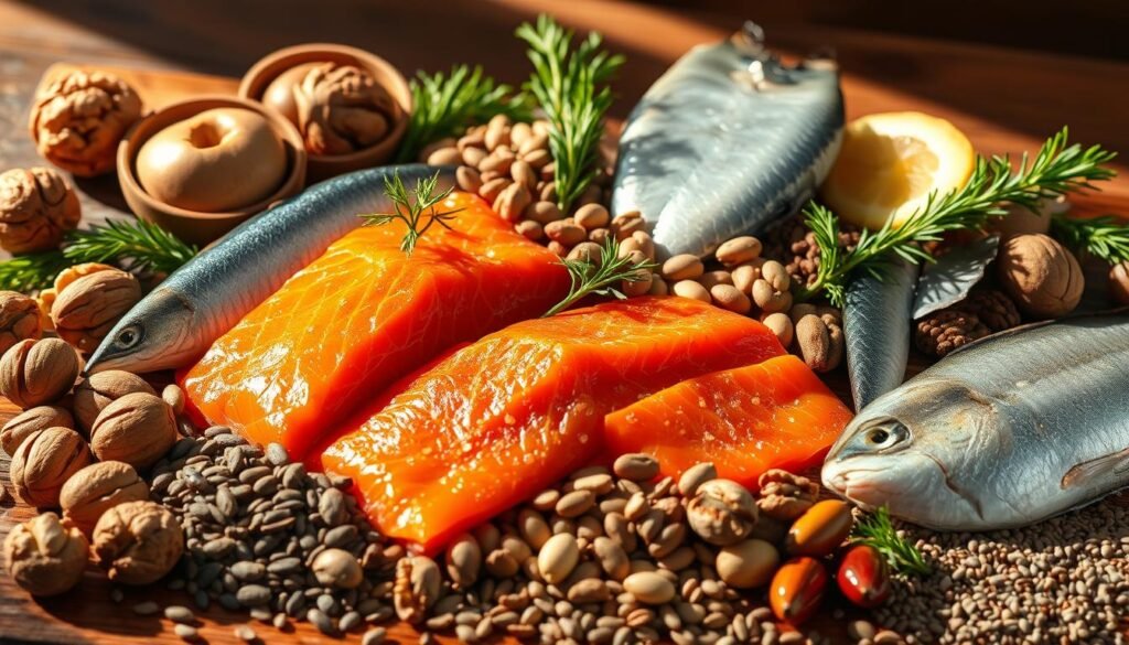 A visually stunning still life arrangement showcasing a selection of nutrient-rich foods high in omega-3 fatty acids. The composition features a vibrant array of fresh seafood, including wild-caught salmon, mackerel, and sardines, arranged alongside a variety of colorful nuts and seeds, such as walnuts, flaxseeds, and chia seeds. The scene is bathed in warm, natural lighting that casts soft shadows, highlighting the rich textures and vibrant colors of the ingredients. The overall mood is one of health, vitality, and culinary abundance, perfectly capturing the essence of foods that can help reduce anxiety and promote a balanced mind. A visually stunning still life arrangement showcasing a selection of nutrient-rich foods high in omega-3 fatty acids. The composition features a vibrant array of fresh seafood, including wild-caught salmon, mackerel, and sardines, arranged alongside a variety of colorful nuts and seeds, such as walnuts, flaxseeds, and chia seeds. The scene is bathed in warm, natural lighting that casts soft shadows, highlighting the rich textures and vibrant colors of the ingredients. The overall mood is one of health, vitality, and culinary abundance, perfectly capturing the essence of foods that can help reduce anxiety and promote a balanced mind.