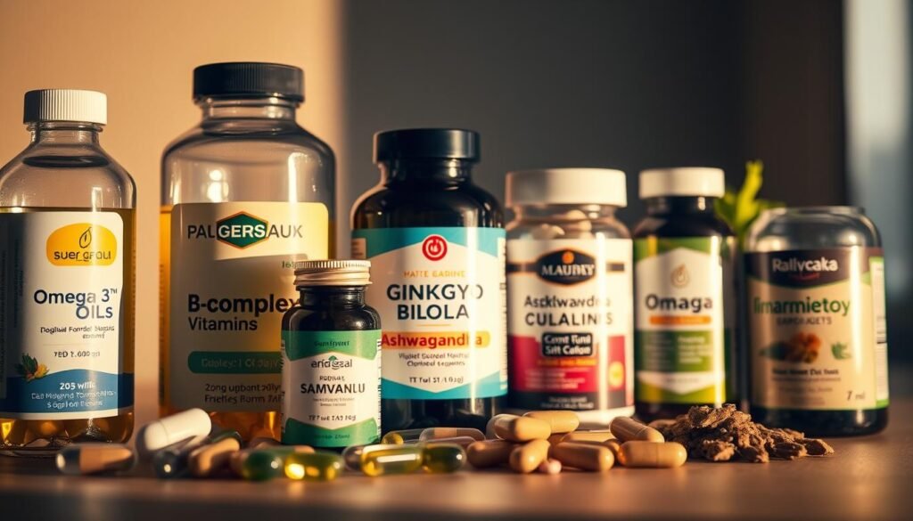 A well-lit, close-up composition showcasing an assortment of natural brain-boosting supplements. In the foreground, glass bottles and capsules of omega-3 fish oils, B-complex vitamins, ginkgo biloba, and ashwagandha extracts are arranged neatly against a soft, out-of-focus background. The lighting is warm and directional, casting subtle shadows that accentuate the textures and contours of the supplements. The overall tone is one of quality, efficacy, and scientific credibility, hinting at the cognitive benefits these natural ingredients can provide.