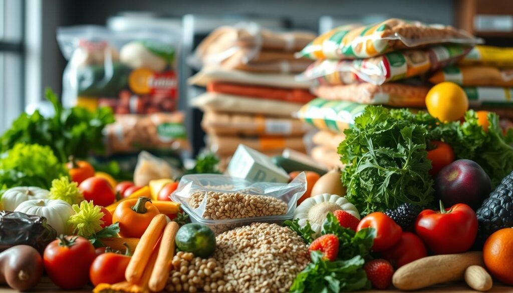 Alimentos naturais vs processados: A contrast of fresh, vibrant foods and their industrialized counterparts. In the foreground, an array of whole, unprocessed ingredients - crisp vegetables, ripe fruits, whole grains, and lean proteins. Behind them, a stack of heavily packaged, preservative-laden processed snacks and meals. The natural foods bathed in warm, golden lighting, conveying a sense of nourishment and vitality. The processed items cast in a colder, harsher light, highlighting their artificiality. The background blurred, drawing the viewer's focus to the central comparison, emphasizing the stark difference between the two dietary approaches. An impactful visual representation of the benefits of whole, minimally processed foods.