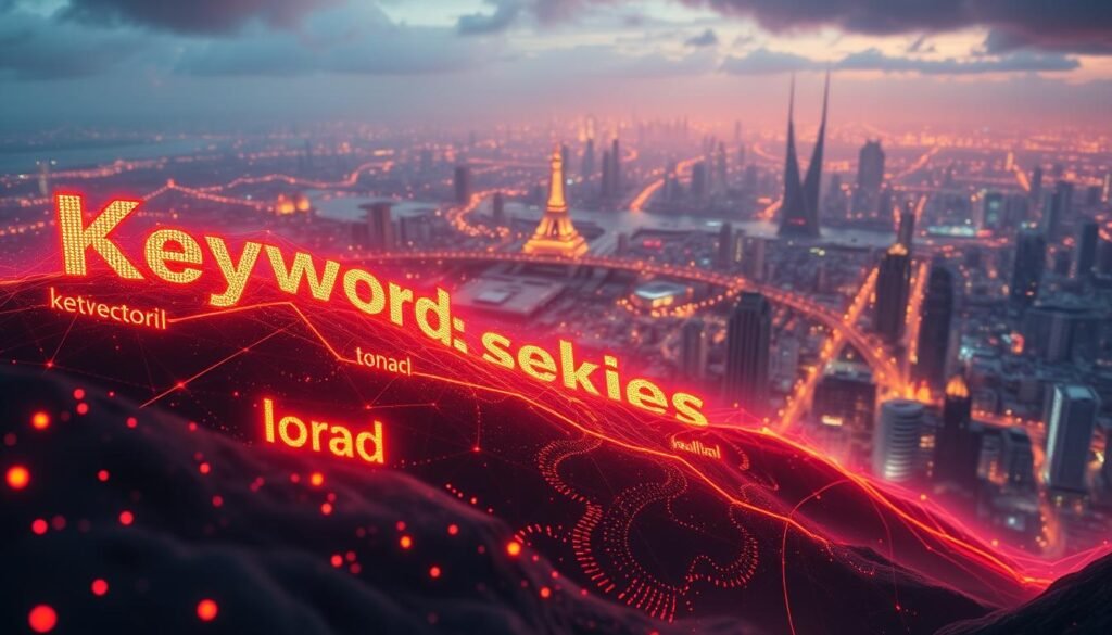 Evolução das palavras-chave A vibrant, multi-layered landscape depicting the evolution of keywords. In the foreground, a series of glowing, holographic words float and morph, representing the dynamic, ever-changing nature of keywords. The middle ground features a stylized data visualization, with lines, graphs, and charts tracing the rise and fall of keyword trends over time. In the background, a vast, futuristic cityscape stretches out, its towering skyscrapers and neon-lit streets symbolizing the vast, interconnected digital world in which keywords thrive. Warm, saturated lighting casts an ethereal glow over the scene, creating a sense of wonder and possibility. The overall impression is one of progress, innovation, and the power of language to shape the digital landscape.