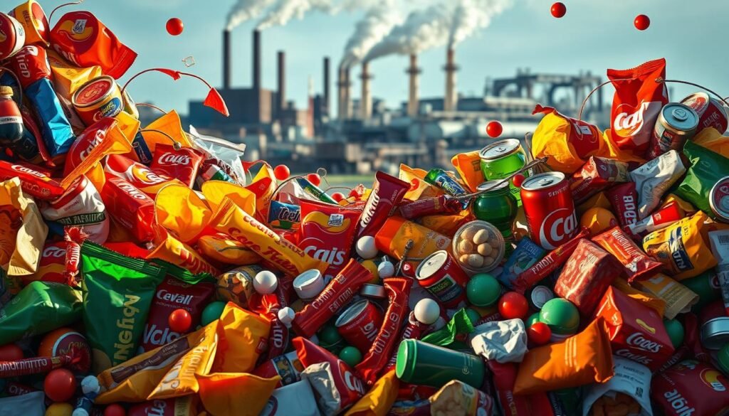 Highly processed foods, a tangled web of artificial ingredients, vibrant colors, and excessive packaging. In the foreground, a chaotic arrangement of chips, candies, sodas, and snacks, casting long shadows and bathed in harsh, unnatural lighting. The middle ground reveals the hidden chemical components and preservatives, their chemical structures looming ominously. In the background, a blurred industrial landscape, smokestacks and conveyor belts, symbolizing the mass production and distribution of these unhealthy products. The overall scene conveys a sense of unease, a cautionary tale about the dangers of ultra-processed foods and their impact on our well-being. Highly processed foods, a tangled web of artificial ingredients, vibrant colors, and excessive packaging. In the foreground, a chaotic arrangement of chips, candies, sodas, and snacks, casting long shadows and bathed in harsh, unnatural lighting. The middle ground reveals the hidden chemical components and preservatives, their chemical structures looming ominously. In the background, a blurred industrial landscape, smokestacks and conveyor belts, symbolizing the mass production and distribution of these unhealthy products. The overall scene conveys a sense of unease, a cautionary tale about the dangers of ultra-processed foods and their impact on our well-being.