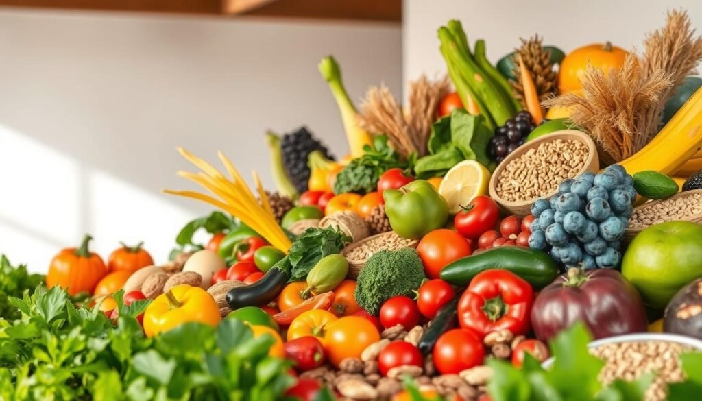 Lush, verdant landscape with an abundance of whole, organic foods prominently displayed. Vibrant hues of fruits, vegetables, nuts, and whole grains fill the foreground, creating a visually appetizing scene. A soft, natural light illuminates the scene, casting gentle shadows and highlighting the natural textures. In the background, a serene, minimalist setting evokes a sense of calm and simplicity. The overall composition conveys the purity, nourishment, and holistic essence of a brain-healthy, natural diet. Lush, verdant landscape with an abundance of whole, organic foods prominently displayed. Vibrant hues of fruits, vegetables, nuts, and whole grains fill the foreground, creating a visually appetizing scene. A soft, natural light illuminates the scene, casting gentle shadows and highlighting the natural textures. In the background, a serene, minimalist setting evokes a sense of calm and simplicity. The overall composition conveys the purity, nourishment, and holistic essence of a brain-healthy, natural diet.