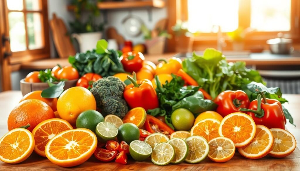 A bountiful display of vibrant, vitamin C-rich dishes set against a warm, rustic kitchen backdrop. In the foreground, a variety of fresh citrus fruits, such as oranges, lemons, and limes, are arranged artfully on a wooden cutting board, their vibrant colors and textures inviting the viewer to take a closer look. In the middle ground, various vegetables and herbs, like bell peppers, broccoli, and leafy greens, are neatly chopped and ready to be incorporated into a nourishing, vitamin-packed meal. The background features a cozy, sun-drenched kitchen, with natural light streaming in through a window, casting a gentle, golden glow over the scene. The overall mood is one of health, vitality, and the joy of wholesome, home-cooked cuisine.