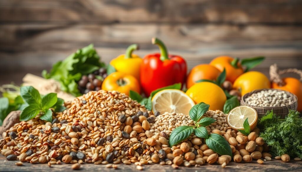 A bountiful still life featuring an assortment of nutrient-rich foods from the B-complex vitamin family. In the foreground, a variety of whole grains, legumes, and nuts are artfully arranged, their earthy tones and textured surfaces accentuated by soft, diffused lighting. In the middle ground, fresh leafy greens, vibrant bell peppers, and juicy citrus fruits add pops of color, hinting at the diverse array of B vitamins present. The background features a rustic wooden surface, lending a sense of warmth and natural simplicity to the scene. The overall composition conveys the abundance and versatility of these essential vitamins, inviting the viewer to explore the many ways to incorporate them into a balanced, nourishing diet. A bountiful still life featuring an assortment of nutrient-rich foods from the B-complex vitamin family. In the foreground, a variety of whole grains, legumes, and nuts are artfully arranged, their earthy tones and textured surfaces accentuated by soft, diffused lighting. In the middle ground, fresh leafy greens, vibrant bell peppers, and juicy citrus fruits add pops of color, hinting at the diverse array of B vitamins present. The background features a rustic wooden surface, lending a sense of warmth and natural simplicity to the scene. The overall composition conveys the abundance and versatility of these essential vitamins, inviting the viewer to explore the many ways to incorporate them into a balanced, nourishing diet.