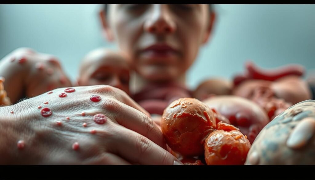 A close-up of an array of common food allergy symptoms, depicted with vivid realism and attention to detail. The foreground showcases a variety of skin reactions, such as hives, rashes, and reddened areas, capturing the visible signs of an allergic response. In the middle ground, the image depicts digestive issues like bloating, abdominal pain, and nausea, emphasizing the internal effects of food allergies. The background features a subtle, blurred representation of the human face, suggesting the potential impact on mental well-being and overall health. The lighting is soft and natural, creating a sense of clinical, yet empathetic, observation. The composition and angles aim to provide a comprehensive visual representation of the diverse manifestations of food allergies. A close-up of an array of common food allergy symptoms, depicted with vivid realism and attention to detail. The foreground showcases a variety of skin reactions, such as hives, rashes, and reddened areas, capturing the visible signs of an allergic response. In the middle ground, the image depicts digestive issues like bloating, abdominal pain, and nausea, emphasizing the internal effects of food allergies. The background features a subtle, blurred representation of the human face, suggesting the potential impact on mental well-being and overall health. The lighting is soft and natural, creating a sense of clinical, yet empathetic, observation. The composition and angles aim to provide a comprehensive visual representation of the diverse manifestations of food allergies.