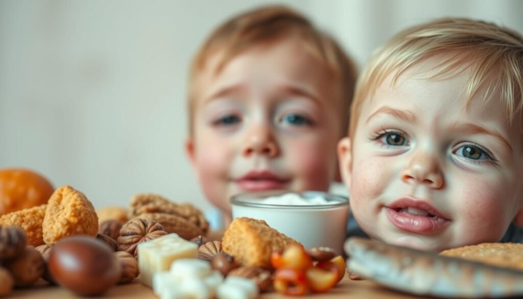 A close-up shot of various food allergy symptoms, including hives, rashes, swollen lips, and watery eyes, against a soft, blurred background. The foreground should have a crisp, detailed depiction of the allergic reactions, with a warm, natural lighting that enhances the textures and colors. The middle ground could feature a few common allergy-triggering foods, such as nuts, dairy, or seafood, to convey the dietary nature of the condition. The background should maintain a soothing, out-of-focus ambiance to keep the focus on the medical symptoms. The overall mood should be informative, educational, and subtly convey the importance of understanding food allergies, especially in the context of children's health. A close-up shot of various food allergy symptoms, including hives, rashes, swollen lips, and watery eyes, against a soft, blurred background. The foreground should have a crisp, detailed depiction of the allergic reactions, with a warm, natural lighting that enhances the textures and colors. The middle ground could feature a few common allergy-triggering foods, such as nuts, dairy, or seafood, to convey the dietary nature of the condition. The background should maintain a soothing, out-of-focus ambiance to keep the focus on the medical symptoms. The overall mood should be informative, educational, and subtly convey the importance of understanding food allergies, especially in the context of children's health.