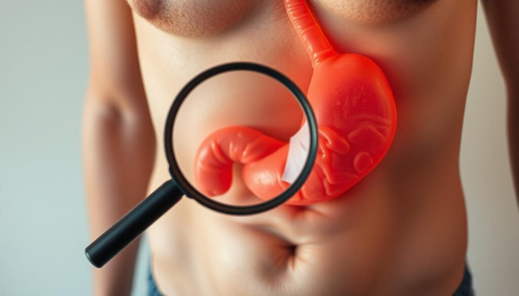 A close-up view of a person's stomach, with a magnifying glass hovering over it, revealing the intricate details of the digestive system. The background is a soft, muted palette, drawing the viewer's attention to the central focus. Warm lighting casts a gentle glow, creating a soothing and contemplative atmosphere. The image conveys a sense of understanding and exploration of the complexities of lactose intolerance, highlighting the importance of recognizing and addressing this condition for a healthier life.