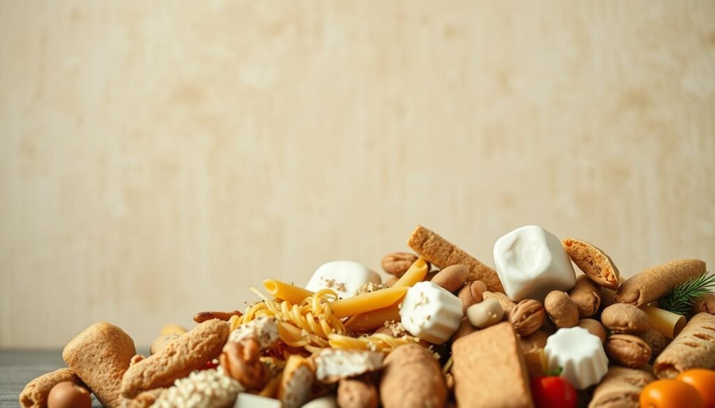 A close-up view of an abstract, textured background representing "intolerância alimentar". In the foreground, various food items are depicted in a disorganized, chaotic arrangement, suggesting a sense of unease and discomfort. The items may include gluten-containing products, such as bread, pasta, or baked goods, interspersed with other common allergens like dairy, nuts, or soy. The lighting is soft and diffused, creating a somewhat muted, subdued atmosphere. The overall composition conveys the idea of an imbalanced, unsettled relationship between the individual and certain foods, reflecting the challenges and impacts of food intolerance.