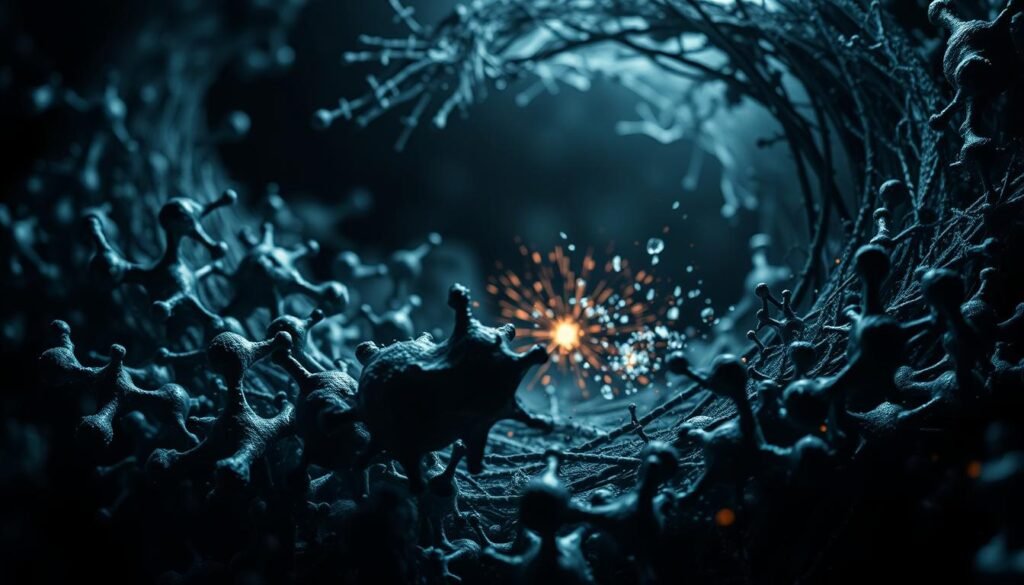 A close-up view of oxidative stress, featuring a swirling vortex of reactive oxygen species and free radicals against a dark, ominous backdrop. The foreground depicts a chaotic tangle of molecular structures, with jagged edges and fractured patterns symbolizing the damaging effects of oxidative stress on cells and tissues. The middle ground showcases bursts of energy and disturbance, conveying the destabilizing forces at play. In the background, a shadowy, foreboding atmosphere sets the stage, underscoring the insidious nature of this phenomenon. Dramatic, high-contrast lighting and a gritty, digital aesthetic lend a sense of urgency and intensity to the scene, reflecting the serious consequences of uncontrolled oxidative stress. A close-up view of oxidative stress, featuring a swirling vortex of reactive oxygen species and free radicals against a dark, ominous backdrop. The foreground depicts a chaotic tangle of molecular structures, with jagged edges and fractured patterns symbolizing the damaging effects of oxidative stress on cells and tissues. The middle ground showcases bursts of energy and disturbance, conveying the destabilizing forces at play. In the background, a shadowy, foreboding atmosphere sets the stage, underscoring the insidious nature of this phenomenon. Dramatic, high-contrast lighting and a gritty, digital aesthetic lend a sense of urgency and intensity to the scene, reflecting the serious consequences of uncontrolled oxidative stress.