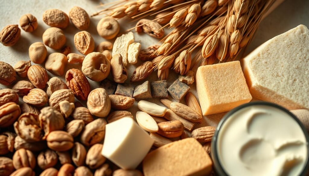 A close-up view of various food allergy triggers, such as nuts, dairy products, and wheat, set against a soft, out-of-focus background. The items are arranged in a visually appealing, symmetrical layout, illuminated by warm, diffused lighting that casts subtle shadows, creating a sense of depth and texture. The overall mood is one of scientific curiosity and educational intent, inviting the viewer to explore and understand the nature of food allergies. A close-up view of various food allergy triggers, such as nuts, dairy products, and wheat, set against a soft, out-of-focus background. The items are arranged in a visually appealing, symmetrical layout, illuminated by warm, diffused lighting that casts subtle shadows, creating a sense of depth and texture. The overall mood is one of scientific curiosity and educational intent, inviting the viewer to explore and understand the nature of food allergies.