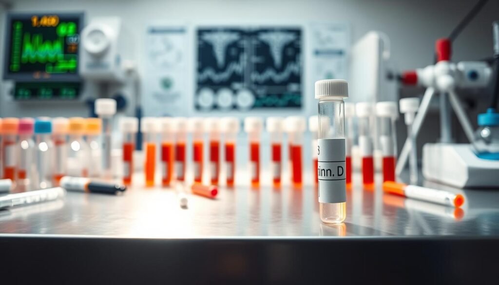 A closeup view of a laboratory testing workspace, with various blood sample tubes, pipettes, and other medical equipment arranged neatly on a stainless steel counter. Soft, diffused lighting illuminates the scene, creating a clinical yet calming atmosphere. In the foreground, a prominent tube labeled "Vitamin D" takes center stage, symbolizing the focus on evaluating vitamin D levels. The background features blurred medical charts and monitoring devices, hinting at the broader context of healthcare and diagnostics. The overall composition conveys a sense of professionalism, attention to detail, and the importance of thorough laboratory examinations for maintaining optimal vitamin D status.