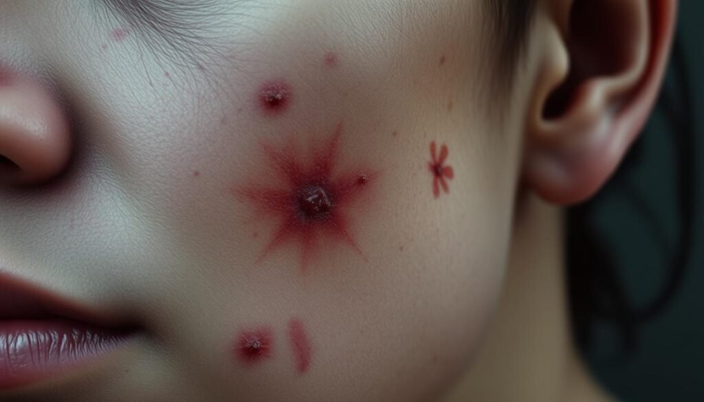 A closeup view of a person's skin with visible signs of vitamin C deficiency, such as bruising, dry and flaky patches, or discoloration. The image should have a muted, desaturated color palette to convey a sense of ill health. Lighting should be soft and diffused, with subtle shadows to add depth and dimension. The frame should focus on the affected areas, allowing the viewer to examine the details of the skin condition. The overall mood should be one of concern and a need for medical attention.