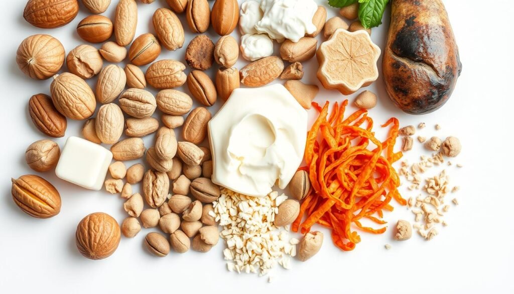 A detailed and realistic close-up shot of various food allergens, including nuts, dairy, gluten, seafood, and other common triggers. The allergens are displayed against a clean, stark white background, creating a clinical and informative aesthetic. The lighting is soft and diffused, highlighting the textures and colors of the food items. The composition is well-balanced, with the allergens arranged in an organized, grid-like pattern to convey a sense of scientific study. The mood is one of educational clarity, inviting the viewer to understand the specific nature of food allergies. A detailed and realistic close-up shot of various food allergens, including nuts, dairy, gluten, seafood, and other common triggers. The allergens are displayed against a clean, stark white background, creating a clinical and informative aesthetic. The lighting is soft and diffused, highlighting the textures and colors of the food items. The composition is well-balanced, with the allergens arranged in an organized, grid-like pattern to convey a sense of scientific study. The mood is one of educational clarity, inviting the viewer to understand the specific nature of food allergies.