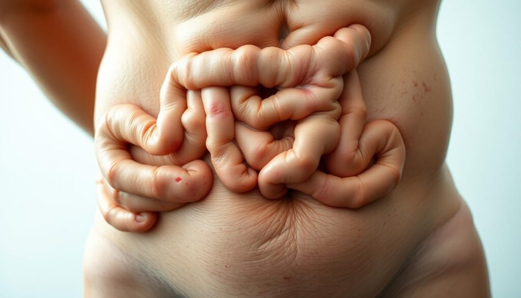 A detailed close-up view of a human abdomen, displaying various digestive system symptoms associated with intestinal dysbiosis. The foreground showcases a distended, bloated stomach, and discolored skin with visible inflammation and redness. The middle ground features visual representations of gut flora imbalance, such as swollen intestines and a disrupted microbiome. The background sets a clinical, sterile environment, with soft, diffused lighting illuminating the physiological disturbances. Captured with a high-resolution, macro-style lens to emphasize the intricate details of the gastrointestinal system's distress. A detailed close-up view of a human abdomen, displaying various digestive system symptoms associated with intestinal dysbiosis. The foreground showcases a distended, bloated stomach, and discolored skin with visible inflammation and redness. The middle ground features visual representations of gut flora imbalance, such as swollen intestines and a disrupted microbiome. The background sets a clinical, sterile environment, with soft, diffused lighting illuminating the physiological disturbances. Captured with a high-resolution, macro-style lens to emphasize the intricate details of the gastrointestinal system's distress.