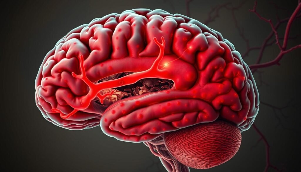 A detailed cross-section of an inflamed human brain, with a focus on the inflammatory processes occurring within the neural tissue. The foreground showcases a heightened density of microglia, the brain's primary immune cells, along with swollen blood vessels and increased presence of inflammatory cytokines. The middle ground reveals disrupted neuronal connectivity and glial scarring, while the background depicts the intricate network of blood vessels and the meningeal layers surrounding the brain. Rendered in a scientific, anatomical style with muted, earthy tones to convey the seriousness of the condition, this image aims to visually represent the concept of "Intermittent Fasting and Brain Inflammation". A detailed cross-section of an inflamed human brain, with a focus on the inflammatory processes occurring within the neural tissue. The foreground showcases a heightened density of microglia, the brain's primary immune cells, along with swollen blood vessels and increased presence of inflammatory cytokines. The middle ground reveals disrupted neuronal connectivity and glial scarring, while the background depicts the intricate network of blood vessels and the meningeal layers surrounding the brain. Rendered in a scientific, anatomical style with muted, earthy tones to convey the seriousness of the condition, this image aims to visually represent the concept of "Intermittent Fasting and Brain Inflammation".