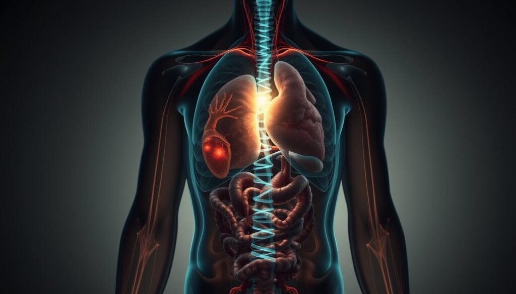 A detailed cross-section of the human body, highlighting the effects of vitamin B deficiency. The foreground depicts a glowing, translucent figure representing the nervous system, with areas of discoloration and impairment. In the middle ground, organs such as the heart, liver, and digestive system appear muted and undernourished. The background showcases a dimly lit, muted color palette, conveying a sense of lethargy and malaise. The lighting is soft and diffused, creating an introspective, somber atmosphere. The perspective is slightly elevated, allowing for a comprehensive view of the affected systems. The overall impression should evoke the debilitating consequences of insufficient vitamin B intake. A detailed cross-section of the human body, highlighting the effects of vitamin B deficiency. The foreground depicts a glowing, translucent figure representing the nervous system, with areas of discoloration and impairment. In the middle ground, organs such as the heart, liver, and digestive system appear muted and undernourished. The background showcases a dimly lit, muted color palette, conveying a sense of lethargy and malaise. The lighting is soft and diffused, creating an introspective, somber atmosphere. The perspective is slightly elevated, allowing for a comprehensive view of the affected systems. The overall impression should evoke the debilitating consequences of insufficient vitamin B intake.