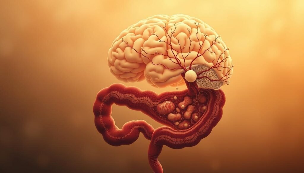 A detailed cross-section of the intricate connection between the gut and brain, showcasing the complex bidirectional communication via the gut-brain axis. A warm, earthy color palette highlights the organic, biological nature of this relationship. Soft, hazy lighting casts a contemplative mood, inviting the viewer to ponder the profound influence of gut health on cognitive function and mental well-being. The foreground features the delicate intestinal lining, populated with a diverse microbiome. In the middle ground, neural pathways and the cerebral cortex are intricately intertwined, emphasizing the intimate coupling of gut and brain. The background subtly fades into an abstract, textured landscape, representing the broader physiological and environmental factors that shape this complex system. A detailed cross-section of the intricate connection between the gut and brain, showcasing the complex bidirectional communication via the gut-brain axis. A warm, earthy color palette highlights the organic, biological nature of this relationship. Soft, hazy lighting casts a contemplative mood, inviting the viewer to ponder the profound influence of gut health on cognitive function and mental well-being. The foreground features the delicate intestinal lining, populated with a diverse microbiome. In the middle ground, neural pathways and the cerebral cortex are intricately intertwined, emphasizing the intimate coupling of gut and brain. The background subtly fades into an abstract, textured landscape, representing the broader physiological and environmental factors that shape this complex system.