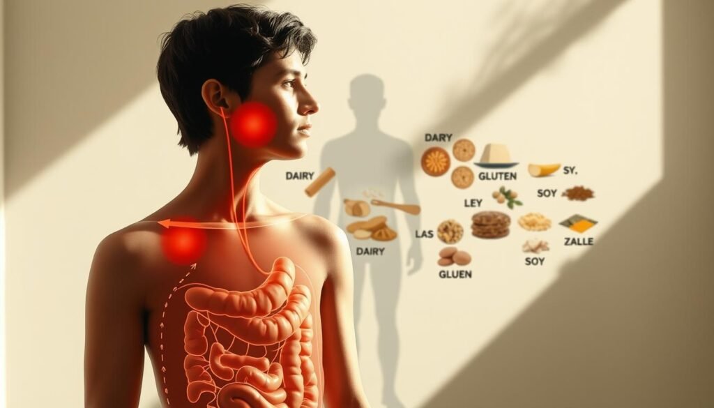 A detailed illustration of food intolerance. In the foreground, a person's digestive system is depicted, with arrows indicating areas of inflammation and discomfort. The middle ground showcases a variety of common trigger foods, such as dairy, gluten, and soy, presented against a backdrop of a stylized human silhouette. The background features a muted, abstract pattern suggestive of the complex physiological processes underlying food intolerance. The scene is illuminated by soft, natural lighting, creating a sense of introspection and understanding. Captured with a wide-angle lens to convey the comprehensive nature of the subject matter.