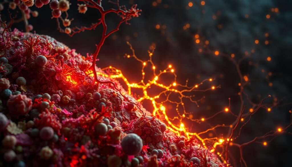 A detailed microscopic view of a diverse microbiome interacting with an inflamed neural network. In the foreground, a vibrant tapestry of gut bacteria, yeasts, and other microorganisms thriving in a complex ecosystem. In the middle ground, intricate neural pathways lit by dynamic electrical signals, surrounding by a haze of inflammatory markers. In the background, a shadowy landscape of interconnected synapses, representing the delicate balance between the gut and the brain. The lighting is soft and diffused, creating a contemplative atmosphere that invites the viewer to explore the symbiotic relationship between the microbiome and neuroinflammation.