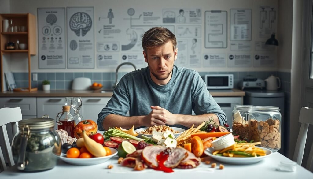 A detailed, realistic image of a person's eating behavior, showcasing various aspects of their relationship with food. The foreground depicts a person sitting at a table, with a variety of healthy and unhealthy food items spread out in front of them. Their facial expression and body language convey a sense of indecision, struggle, or conflicted emotions about their food choices. The middle ground features a kitchen or dining room setting, with subtle cues about the individual's lifestyle and habits. The background blends elements of a clinical or scientific environment, with diagrams, charts, or equipment related to the study of eating behaviors and neuroscience. The lighting is soft and natural, creating an introspective and contemplative mood. The overall composition and details aim to visually represent the complex interplay between intermittent fasting and its impact on eating patterns and the brain. A detailed, realistic image of a person's eating behavior, showcasing various aspects of their relationship with food. The foreground depicts a person sitting at a table, with a variety of healthy and unhealthy food items spread out in front of them. Their facial expression and body language convey a sense of indecision, struggle, or conflicted emotions about their food choices. The middle ground features a kitchen or dining room setting, with subtle cues about the individual's lifestyle and habits. The background blends elements of a clinical or scientific environment, with diagrams, charts, or equipment related to the study of eating behaviors and neuroscience. The lighting is soft and natural, creating an introspective and contemplative mood. The overall composition and details aim to visually represent the complex interplay between intermittent fasting and its impact on eating patterns and the brain.